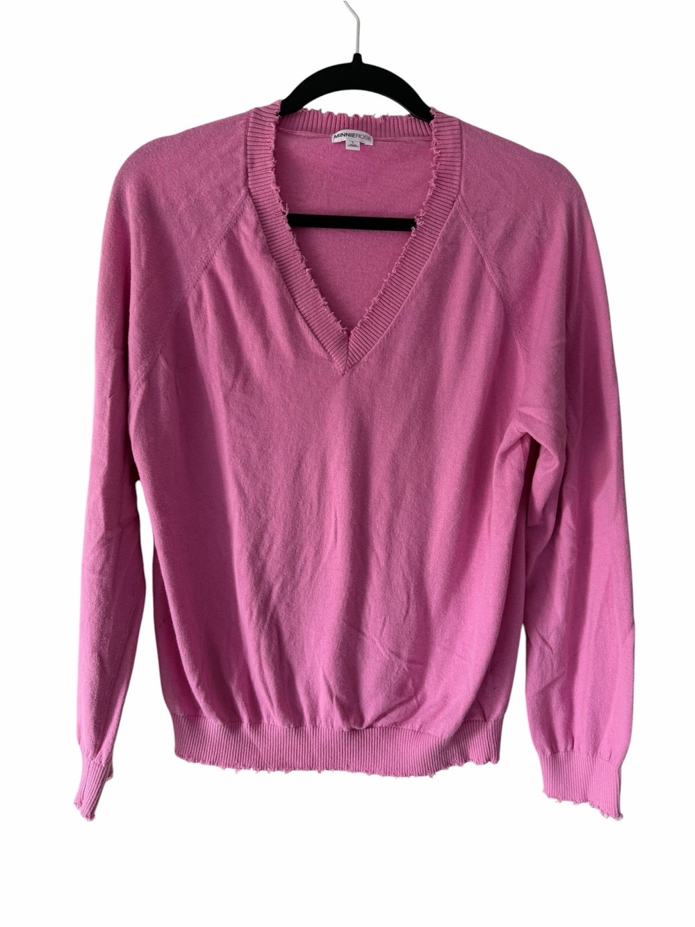 Minnie Rose Pink Distressed V-Neck Cotton Sweater Size Large